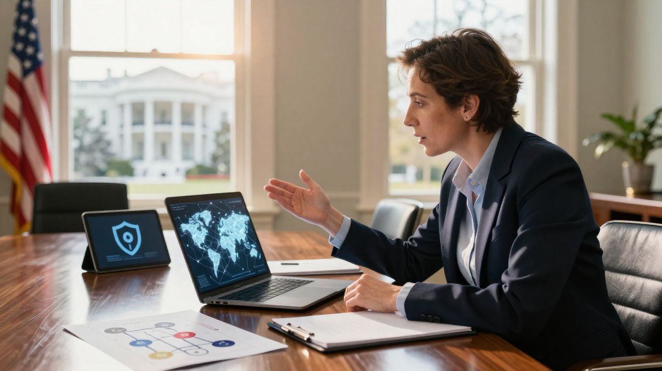Mulher em fato preto numa reunião virtual com mapas mundiais no computador, numa sala de conferências.