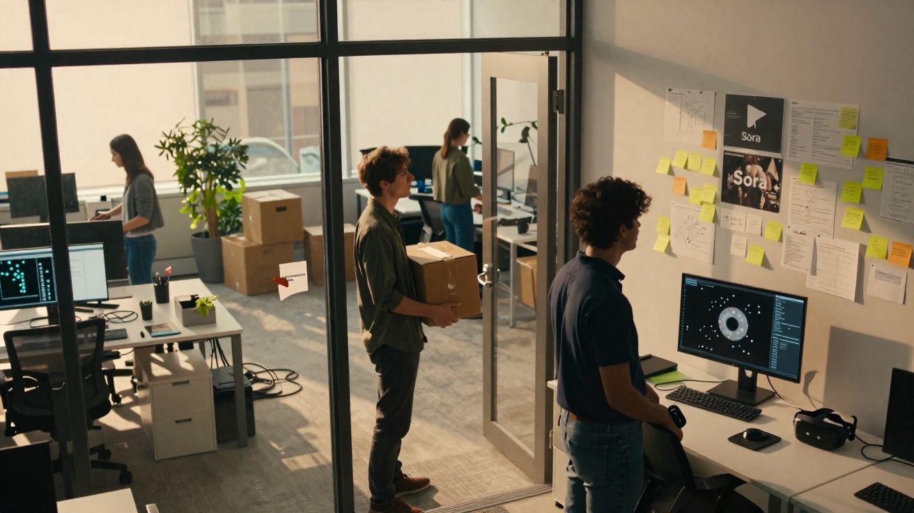 Escritório moderno com quatro pessoas a trabalhar, computadores, caixas e notas coladas na parede.