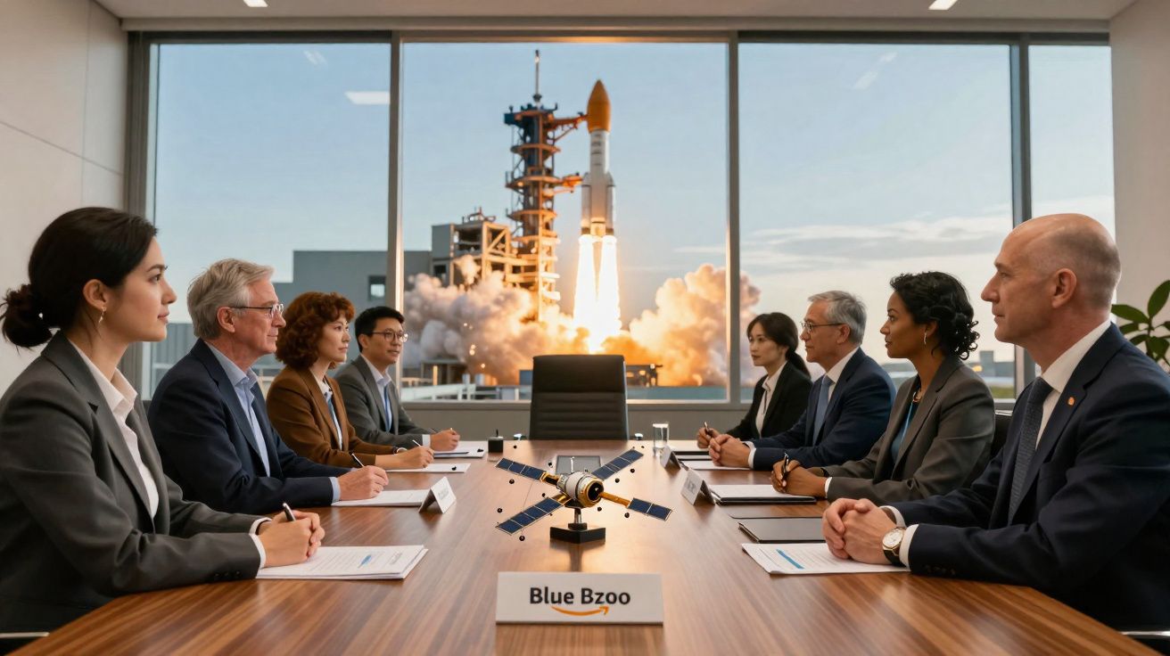 Reunião de negócios em sala com modelo de satélite e lançamento de foguetão visível pela janela.