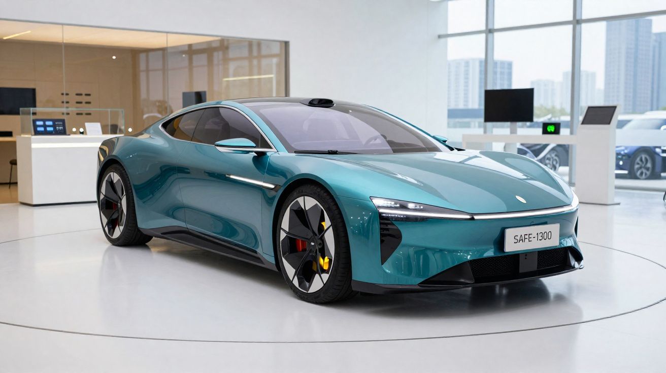 Carro desportivo elétrico azul metálico em exposição numa sala moderna e minimalista.