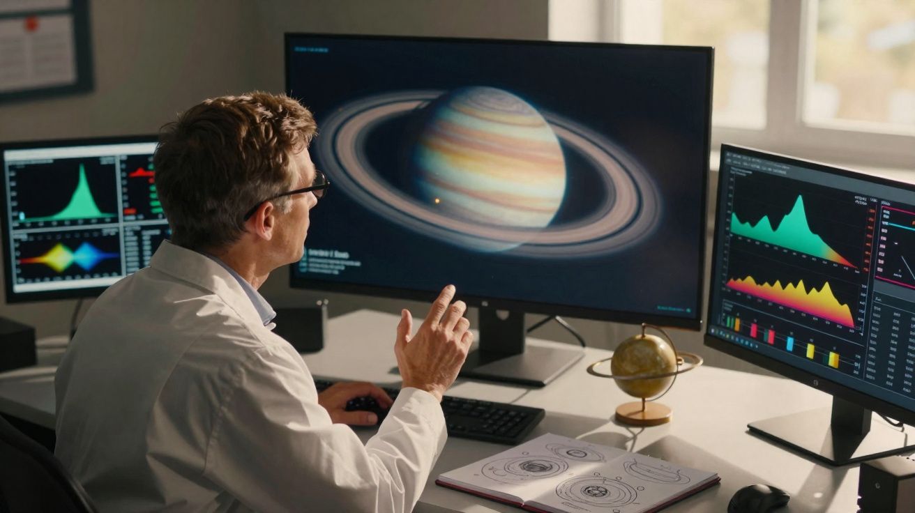 Cientista observa uma imagem de Saturno num ecrã, rodeado de gráficos e um globo terrestre com anéis.