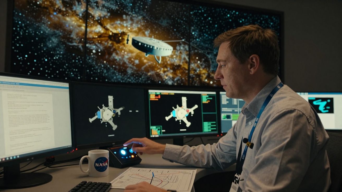 Homem a operar equipamento de controlo com várias telas digitais mostrando imagens espaciais e da NASA.