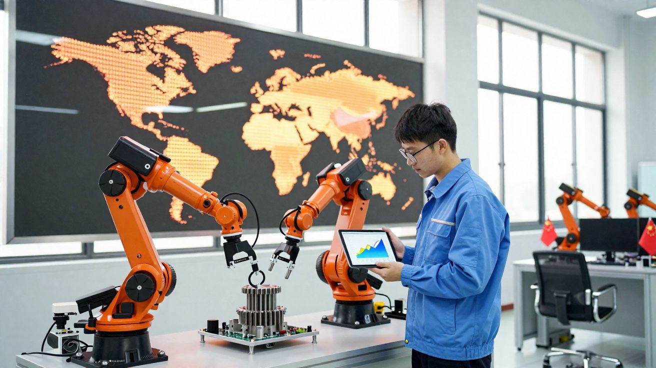 Homem com bata azul controla braços robóticos laranja em laboratório com mapa-múndi iluminado ao fundo.