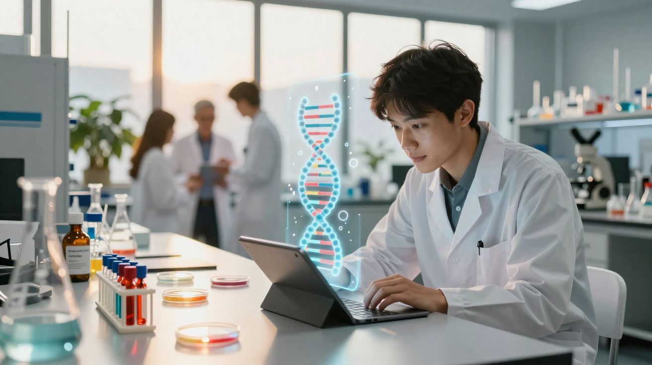 Cientista jovem analisa dados genéticos num tablet com representação holográfica de DNA no laboratório.