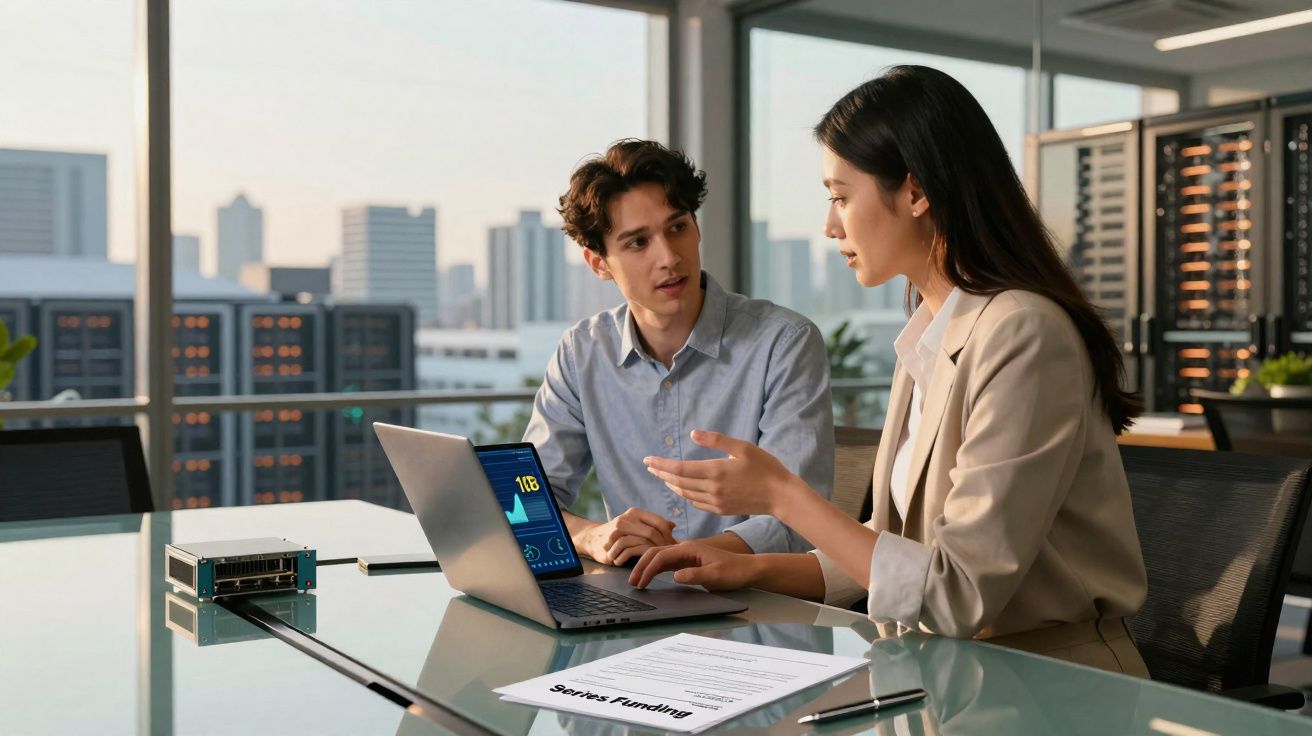 Duas pessoas em reunião de negócios com laptop e documento "Series Funding" numa sala com vista urbana.