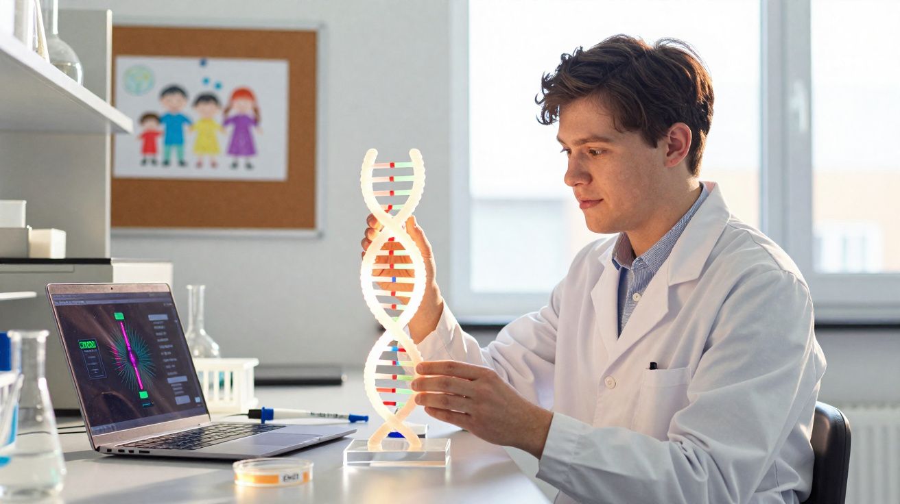 Cientista em bata branca a estudar modelo de ADN em laboratório com computador portátil e frascos.