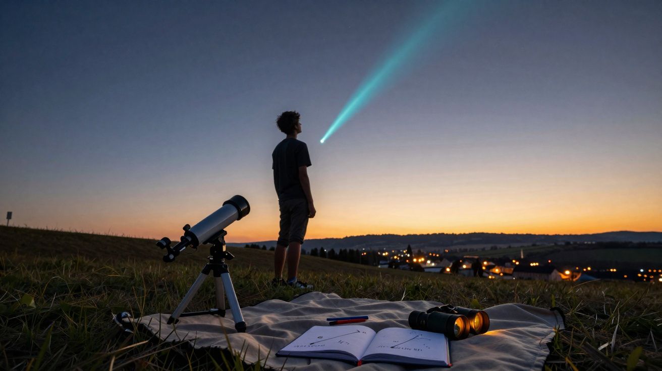 Pessoa a observar a aurora boreal ao anoitecer num campo, com telescópio, binóculos e caderno aberto num pano.