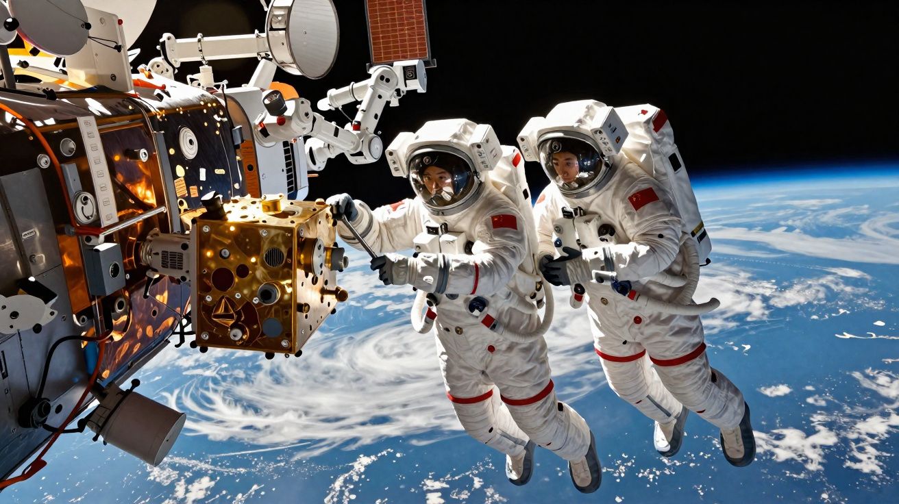 Dois astronautas chineses em fatos espaciais trabalham numa estação espacial em órbita da Terra.