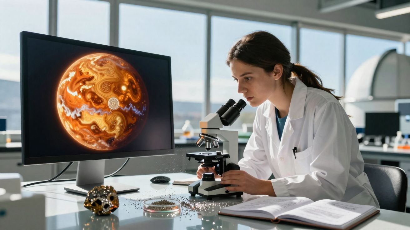 Mulher cientista observa amostra ao microscópio em laboratório com imagem de planeta em ecrã ao lado.