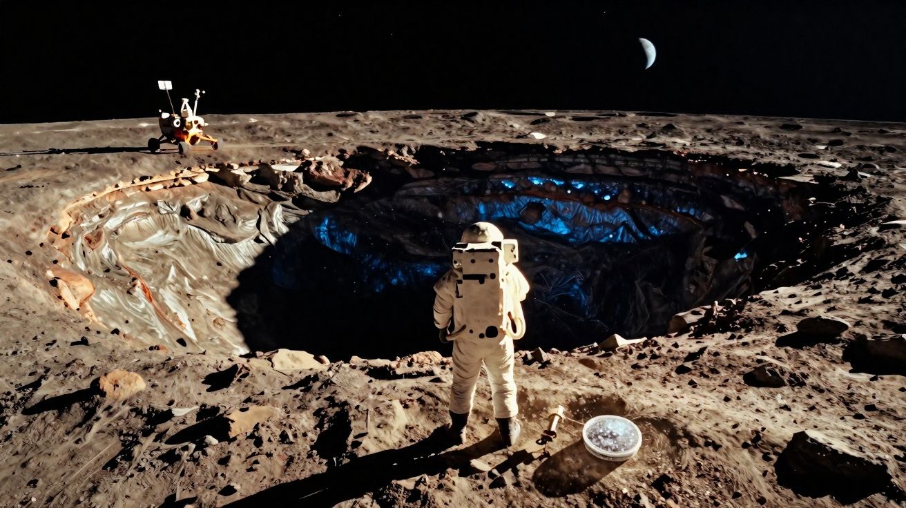 Astronauta observa cratera luminosa na superfície lunar com veículo espacial ao fundo e Terra no horizonte.