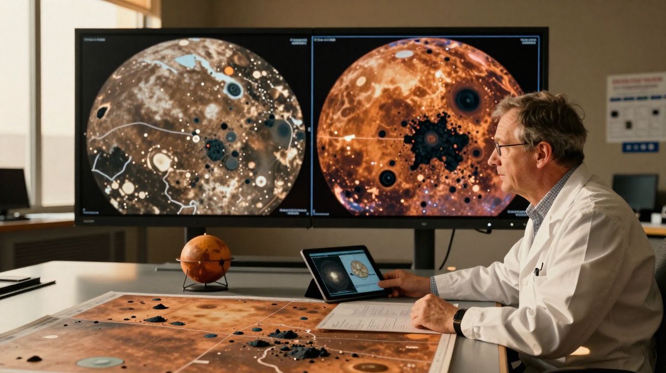 Homem com bata branca estuda mapas planetários da lua em ecrãs e mesa num ambiente de laboratório.