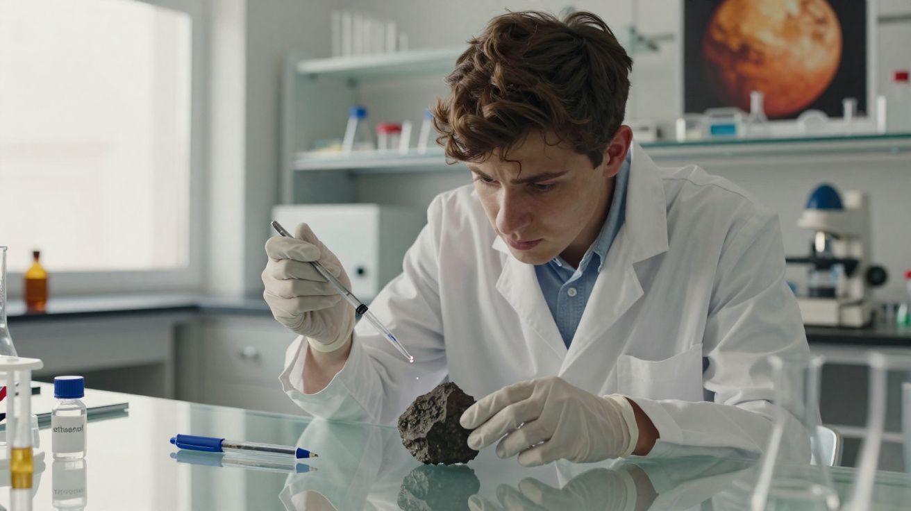 Jovem cientista em laboratório analisa amostra de rocha com pipeta, usando bata e luvas.