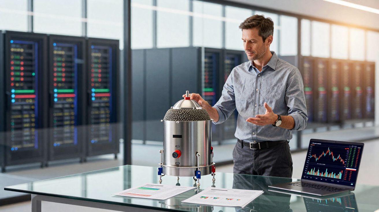 Homem a apresentar equipamento tecnológico num escritório com servidores e computador portátil aberto.