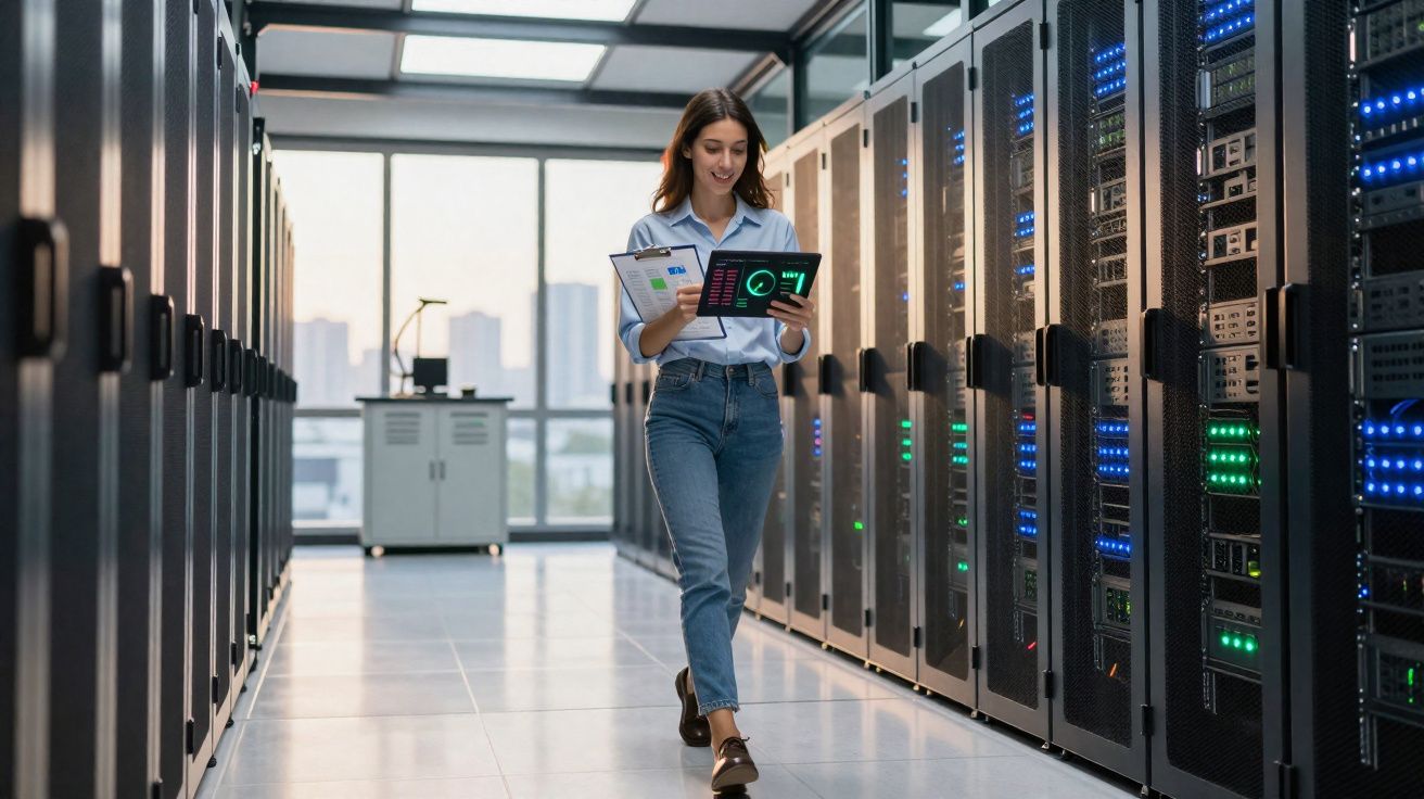Mulher a caminhar numa sala de servidores, a usar tablet e caderno para analisar dados digitais.