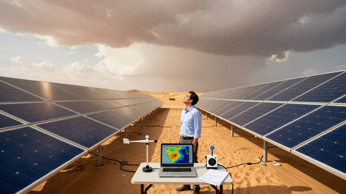 Homem com camisa azul está entre painéis solares no deserto, perto de uma mesa com equipamentos e computador.