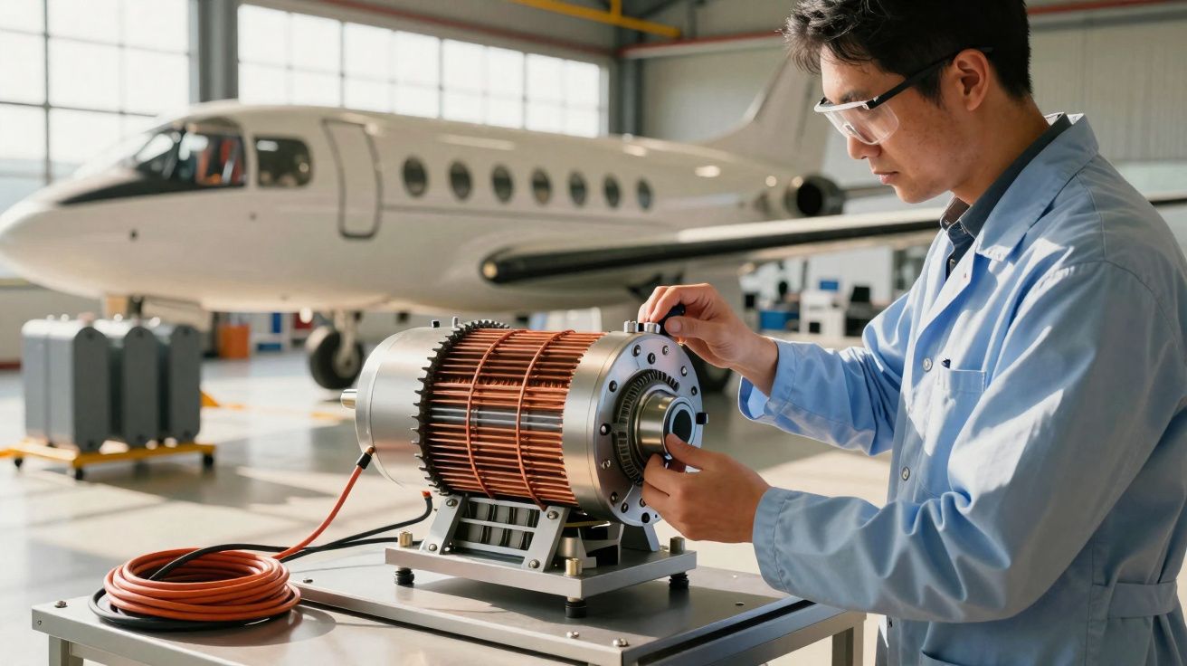 Engenheiro em laboratório a inspecionar motor elétrico com avião ao fundo numa hangar.
