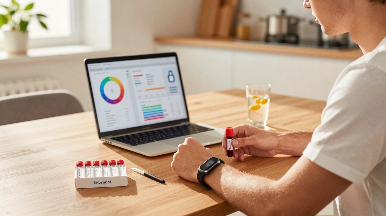 Pessoa a analisar resultados de teste de sangue em casa com computador portátil numa mesa de madeira.