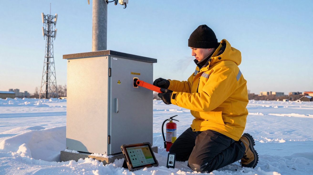 Técnico em vestuário de inverno trabalha numa caixa elétrica ao ar livre num ambiente nevado.