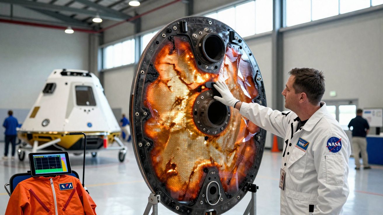 Engenheiro da NASA inspeciona escudo térmico queimado de cápsula espacial num hangar.
