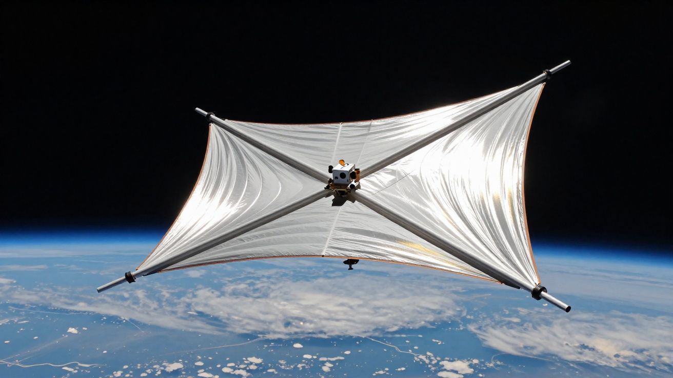 Nave espacial com vela solar em órbita acima da Terra, destacando o espaço e a curvatura do planeta.