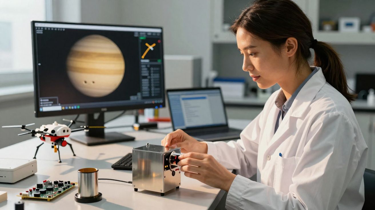 Mulher cientista em bata branca a trabalhar num dispositivo metálico numa mesa com computadores e modelo de drone.
