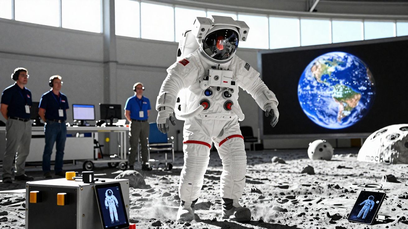 Astronauta em fato espacial simulado numa instalação com chão lunar e imagem da Terra ao fundo.