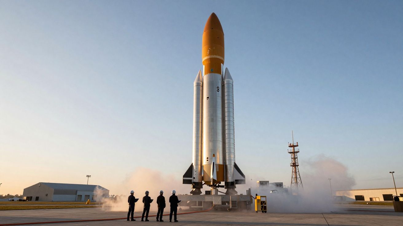 Foguete grande numa plataforma de lançamento com cinco pessoas de capacetes a observar, durante o amanhecer.