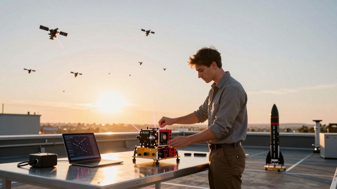 Jovem a ajustar satélite miniatura num telhado ao pôr do sol com laptop e foguete modelo na mesa.