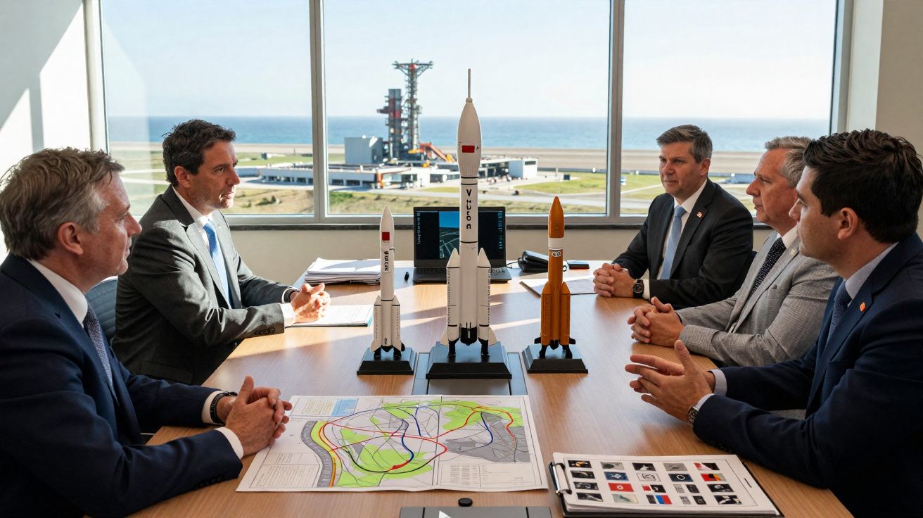 Cinco homens de fato numa reunião com maquetes de foguetões e mapas sobre a mesa, janela com vista para plataforma de lançame