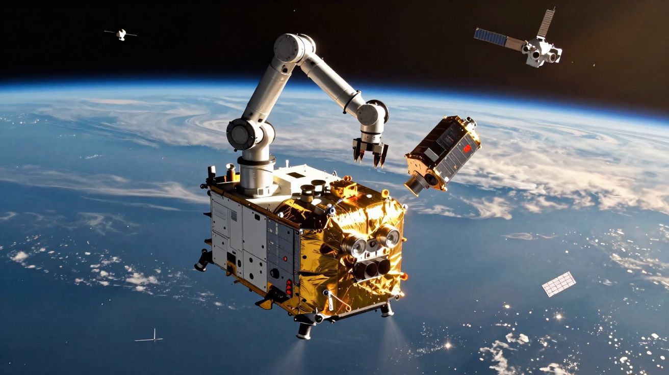 Braço robótico a operar satélites em órbita da Terra com planeta e nuvens visíveis ao fundo.