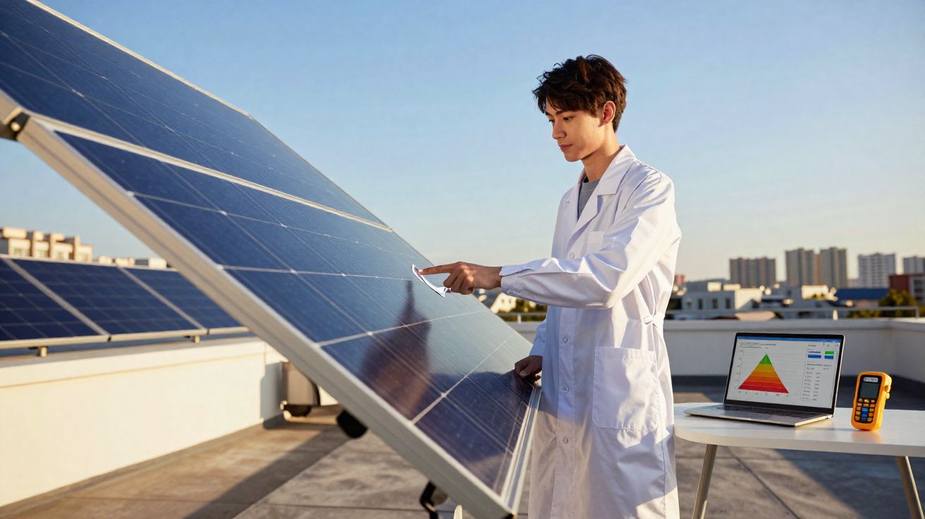 Homem de bata branca inspeciona painel solar num terraço com computador e equipamento de medição ao lado.