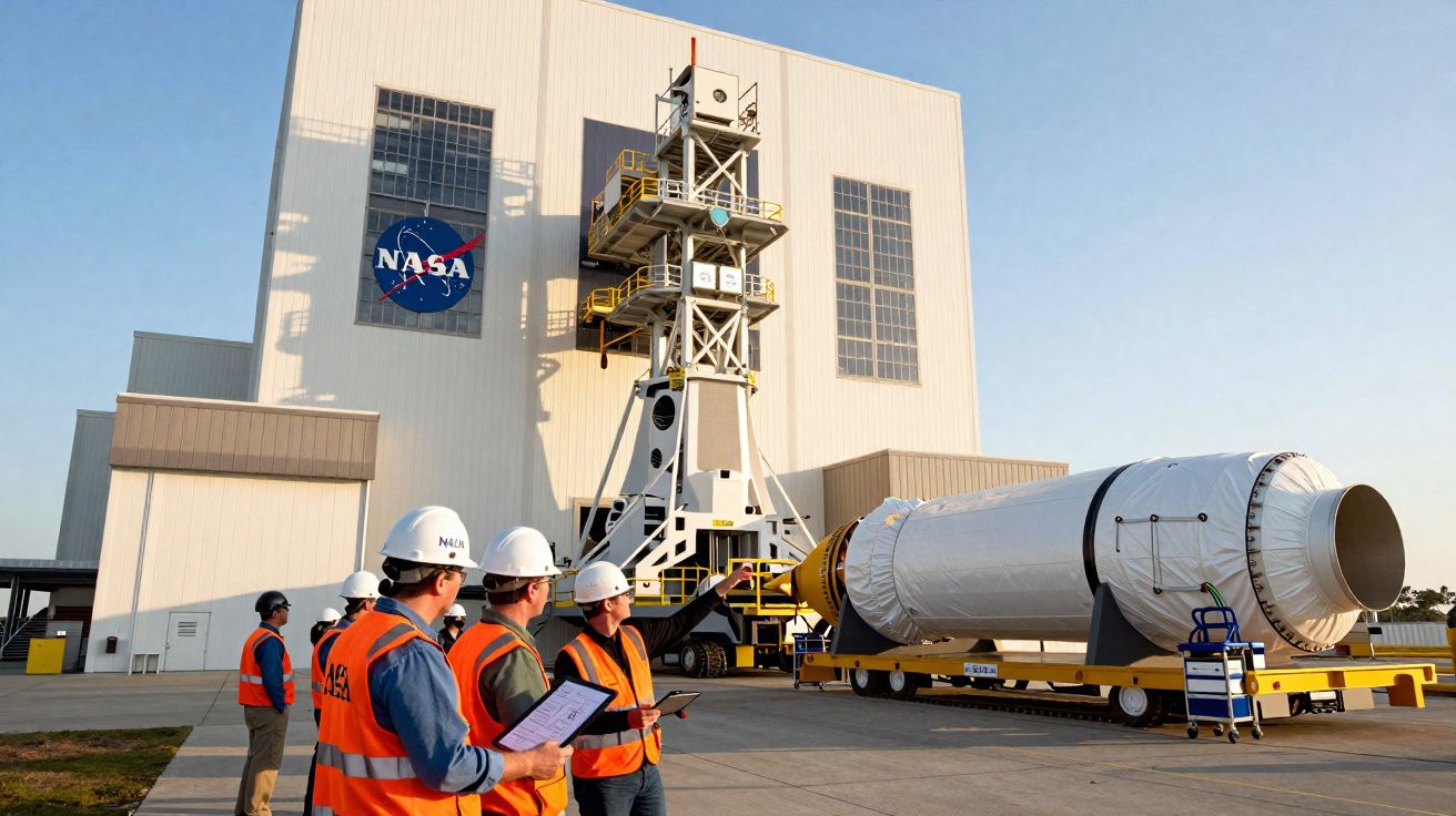 Engenheiros da NASA com equipamento de segurança observam componente de foguete junto a edifício da NASA.