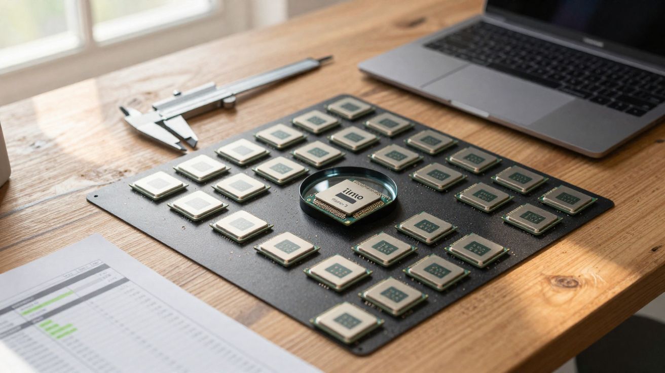 Mesa de madeira com vários chips eletrónicos, lupa, régua e computador portátil.