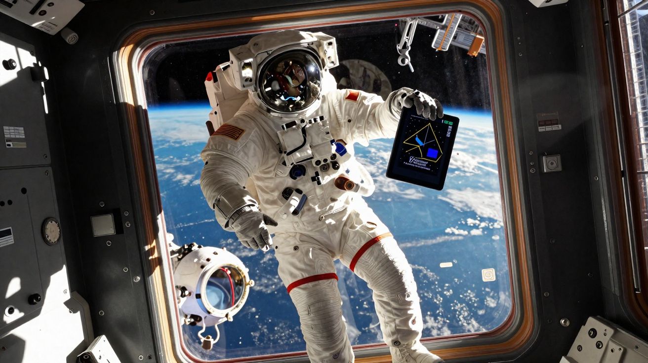 Astronauta em fato espacial flutua no espaço junto a janela da estação com a Terra ao fundo.