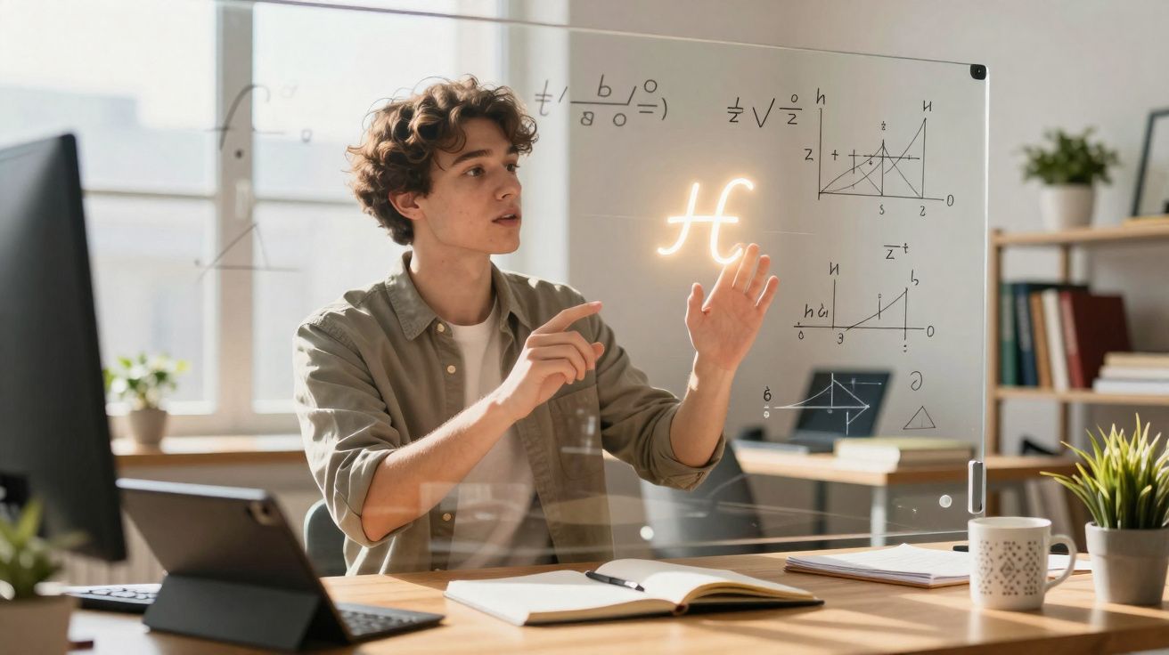 Jovem interage com fórmulas matemáticas holográficas num ambiente de escritório moderno e luminoso.