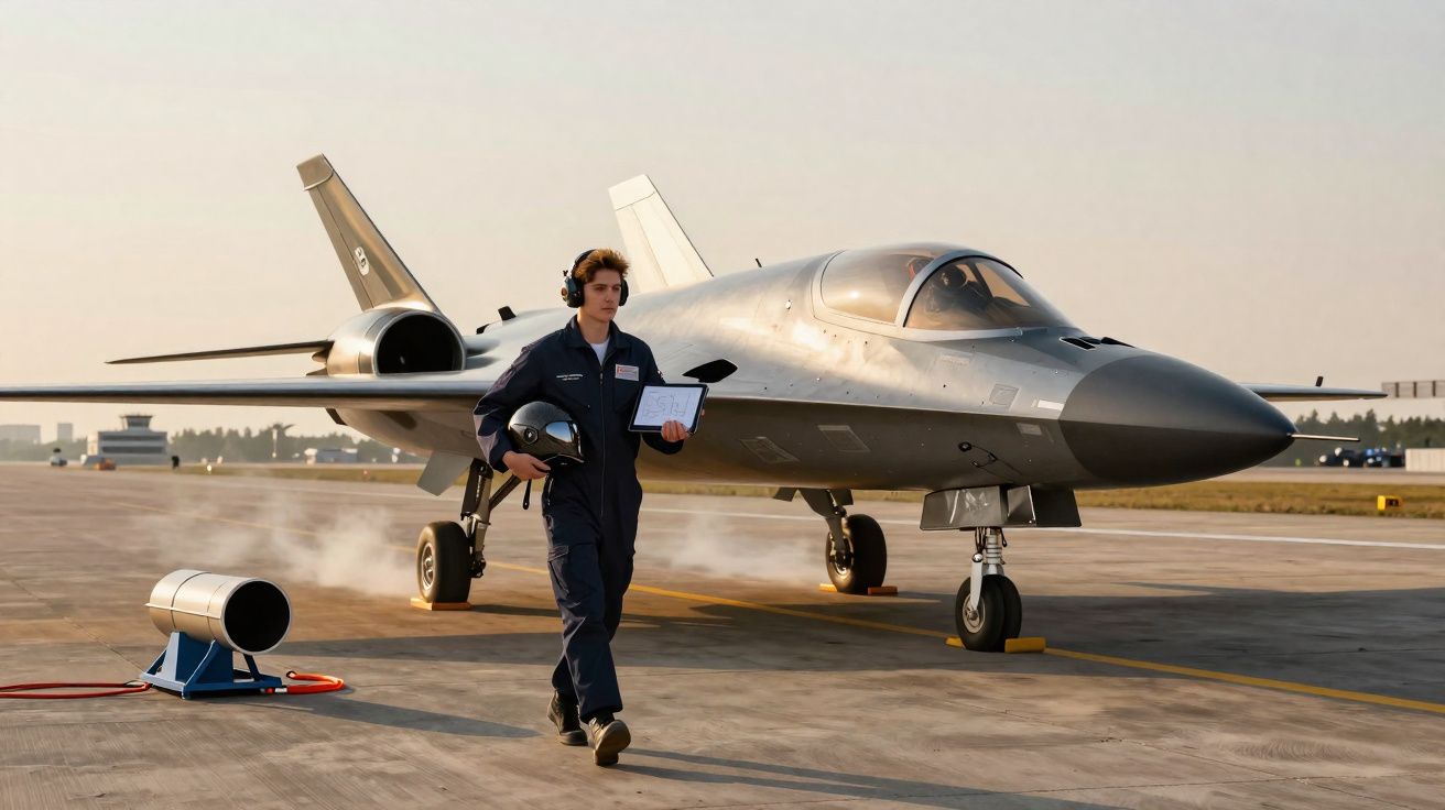Homem vestido de piloto caminha junto a avião militar moderno estacionado em pista de aeroporto.