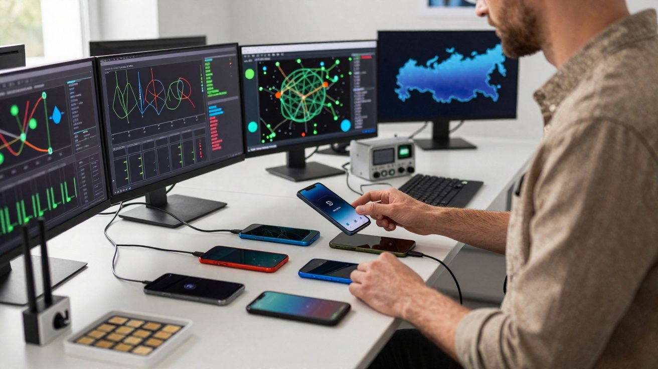 Homem a testar múltiplos telemóveis ligados a computadores com gráficos e dados tecnológicos em ecrãs.