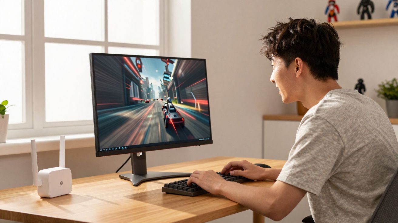 Homem a jogar videojogo de corrida num computador num escritório com luz natural.