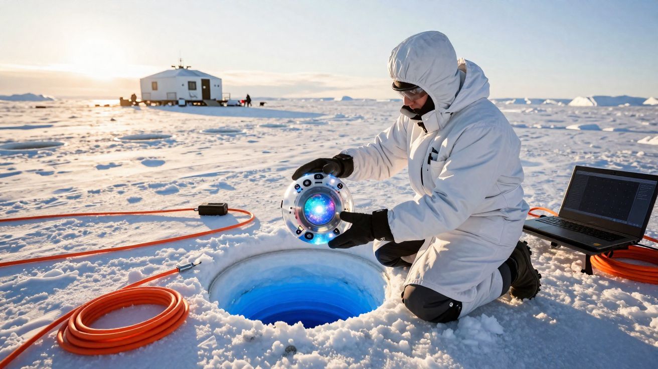 Pessoa vestida com roupa térmica manuseia equipamento perto de buraco no gelo, laptop e cabos no gelo ártico.