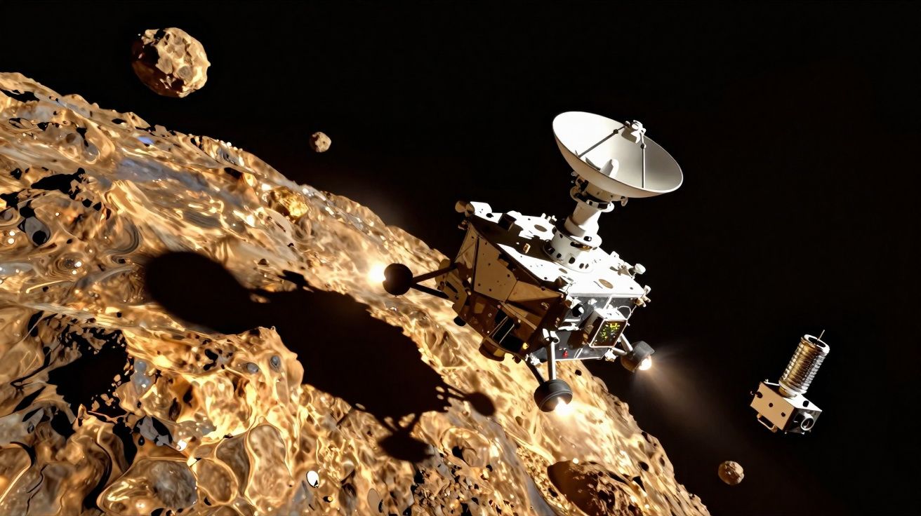 Sonda espacial com antena parabólica sobrevoando a superfície rochosa de um asteroide no espaço.