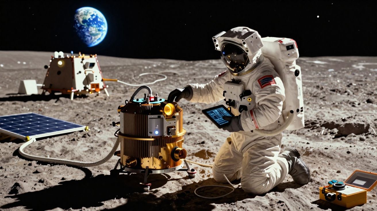 Astronauta em fato espacial a operar equipamento científico na superfície lunar com a Terra visível ao fundo.