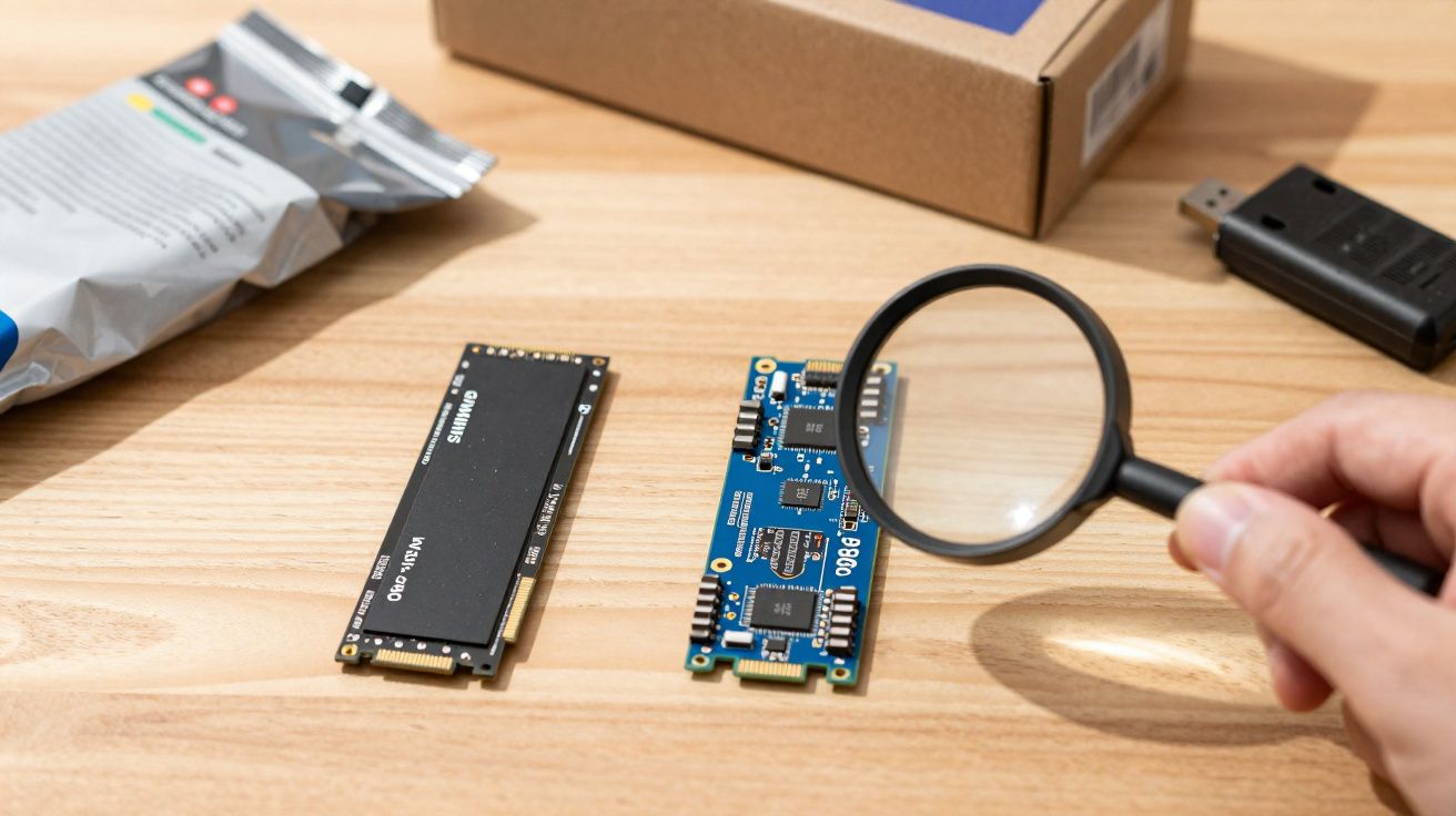 Mão a segurar lupa a examinar placa eletrónica azul ao lado de módulo SSD numa mesa de madeira clara.