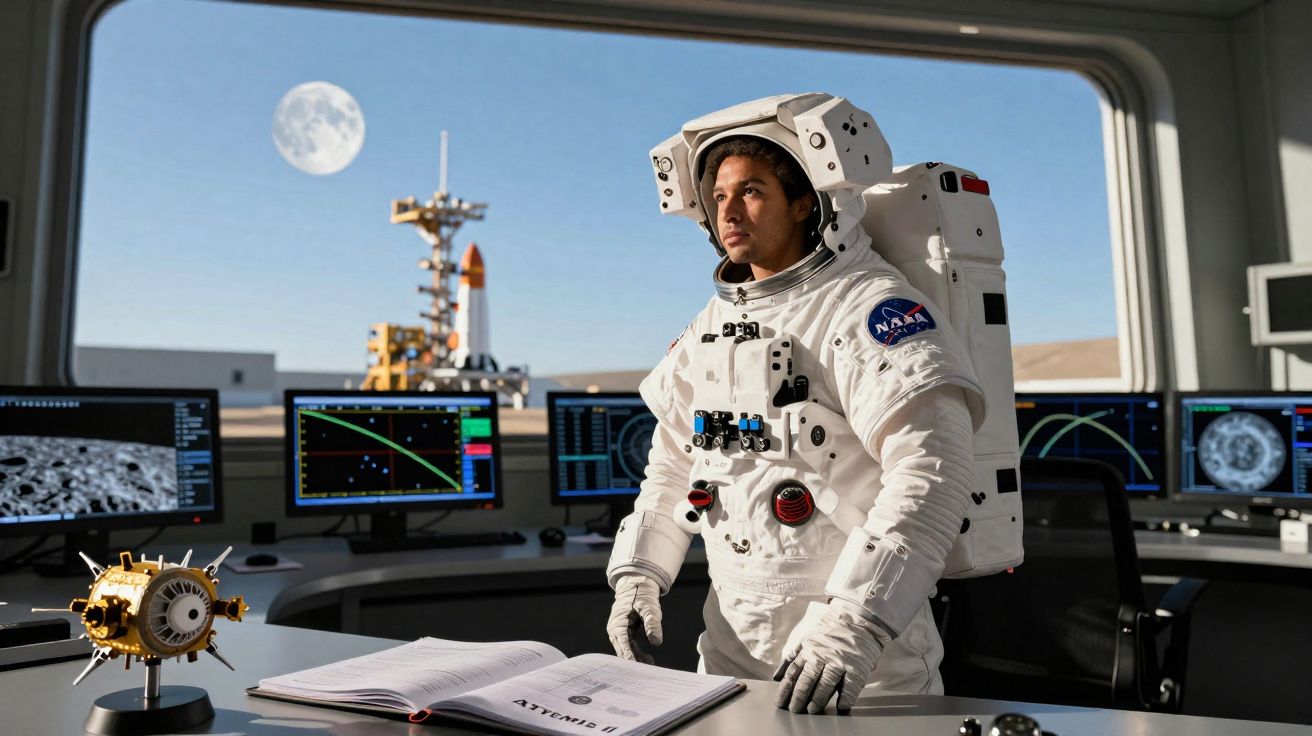 Astronauta na estação espacial com equipamento completo, observando uma janela com vista para a Terra e a Lua.