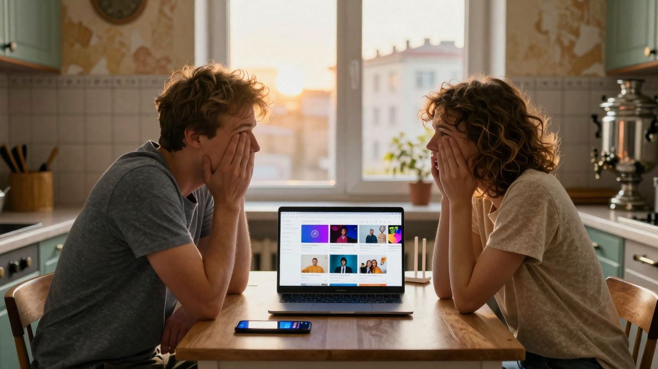 Duas pessoas sentadas frente a frente numa cozinha com computador portátil e telemóvel numa mesa.