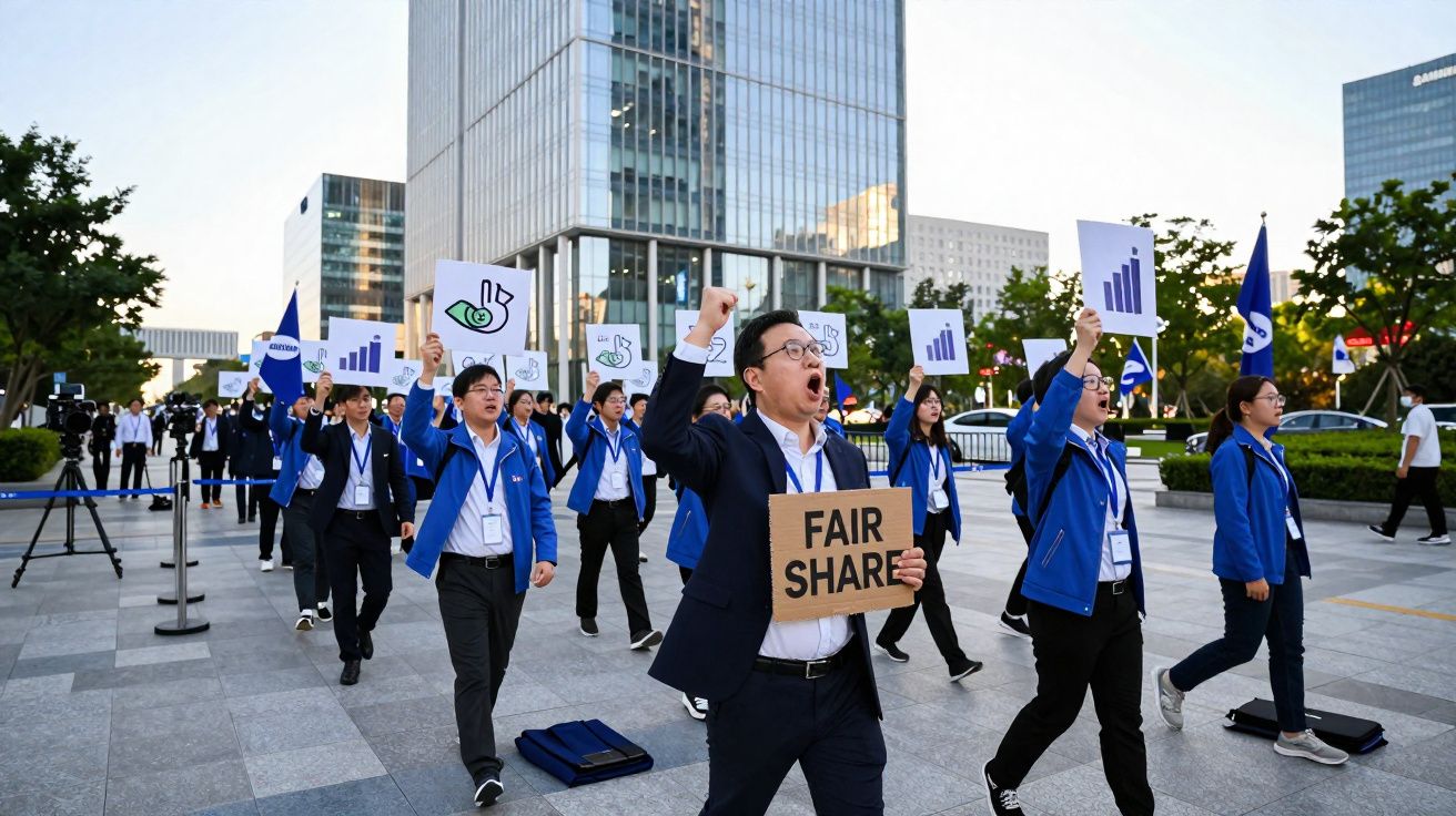 Grupo de pessoas em protesto urbano a segurar cartazes e um a gritar segurando placa "Fair Share".