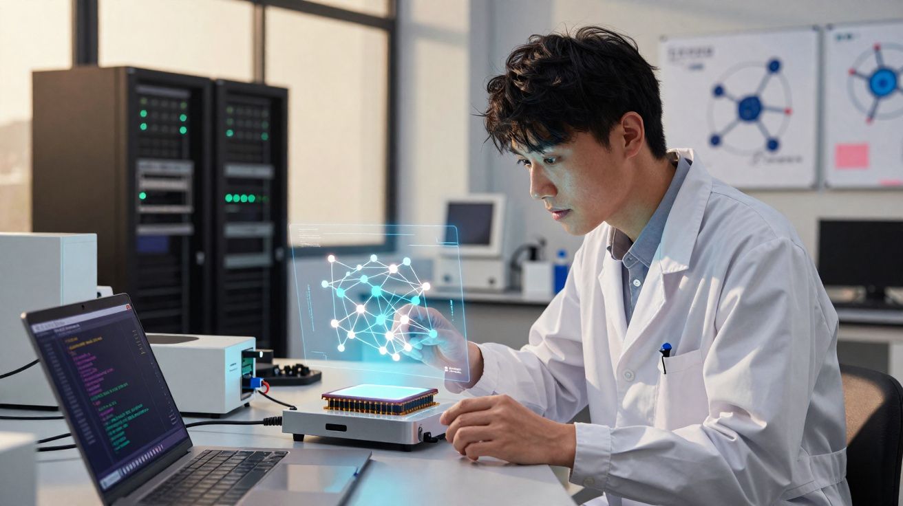 Cientista em laboratório interage com holograma 3D de rede digital sobre mesa com laptop e dispositivos.