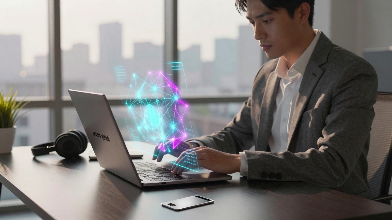 Homem a trabalhar no portátil com gráficos digitais holográficos à frente numa sala com vista urbana.