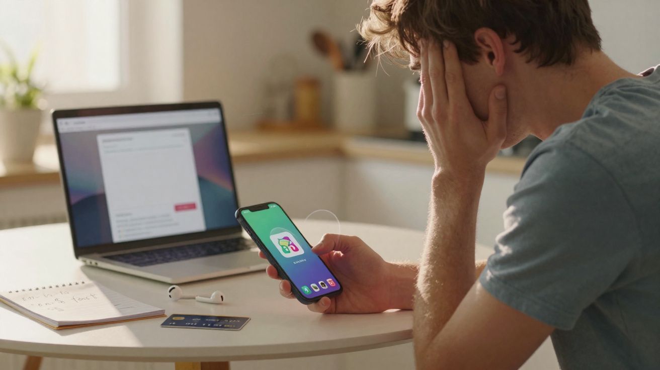 Homem com expressão preocupada segura telemóvel com app de segurança, junto a computador portátil e cartão de crédito.