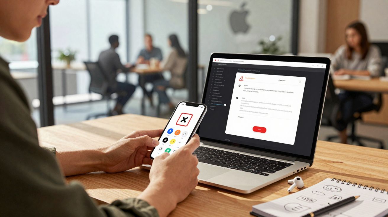 Pessoa a usar telemóvel com erro no ecrã, com portátil aberto em página de aviso, em espaço de escritório moderno.