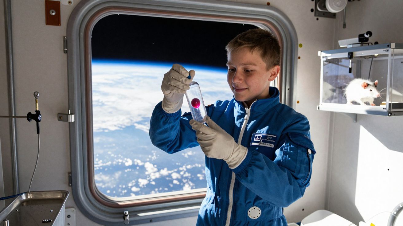 Jovem em fato espacial segura tubo de ensaio com esfera rosa dentro da Estação Espacial Internacional.